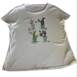 Talbots Women White Tee with Cactus Print